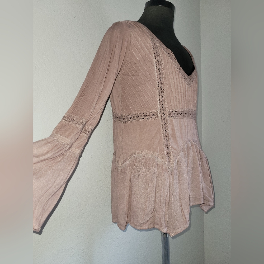 Rose Pink Light Washed Bell Long Sleeeve Boho Oversized Top Back Tie Back Small - Picture 5 of 9